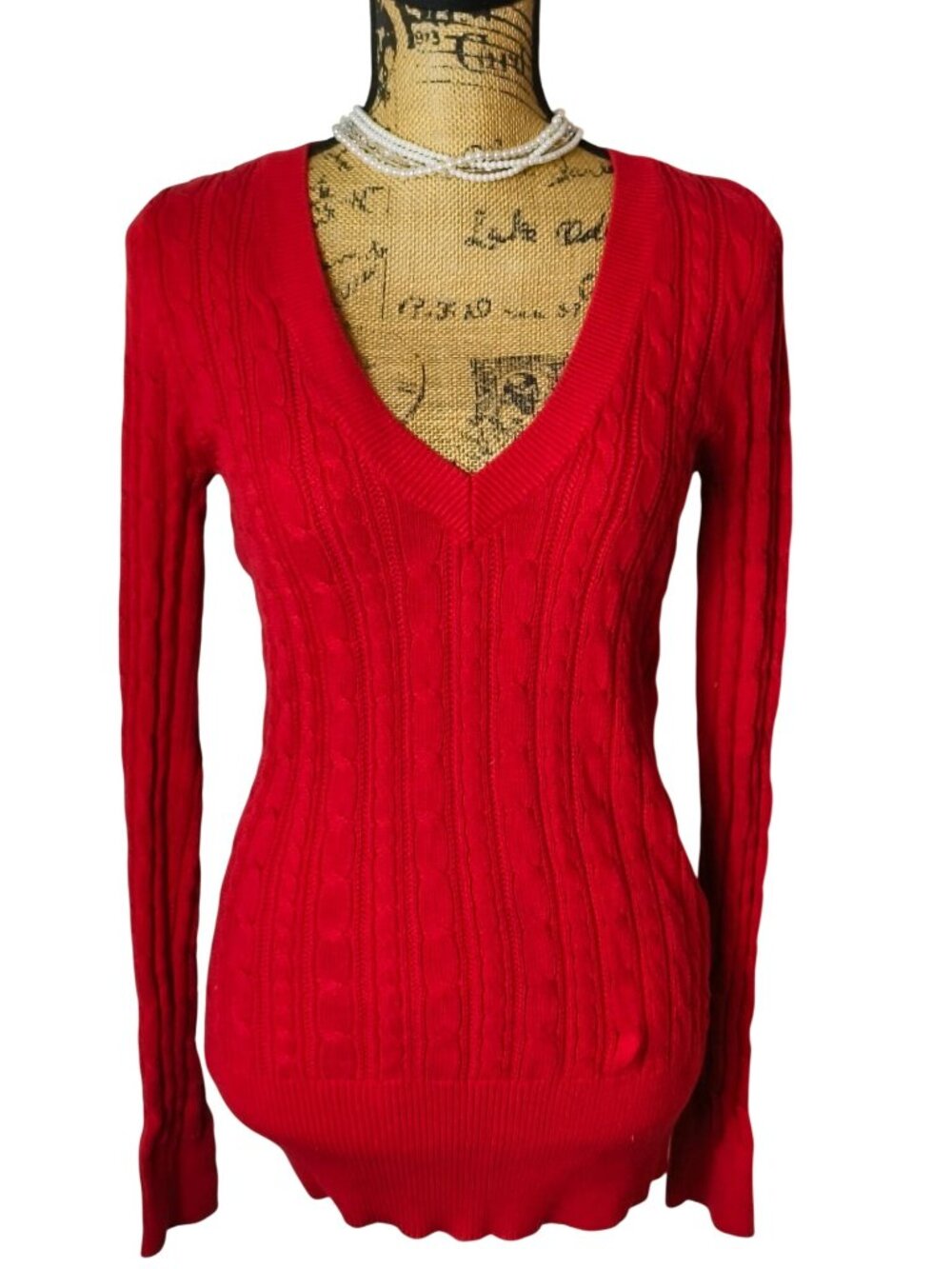 American Eagle Womens L Sweater Y2K Red V-Neck Ribbed Long Sleeve Preppy Indie